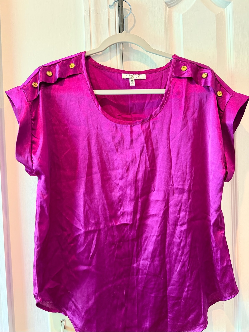 Speed Limit 98 Satin Magenta Short Sleeve Blouse with Shoulder Buttons